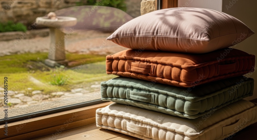Fototapeta premium Comfortable Stacked Floor Cushions Made From Organic Cotton in Earthy Tones by a Window