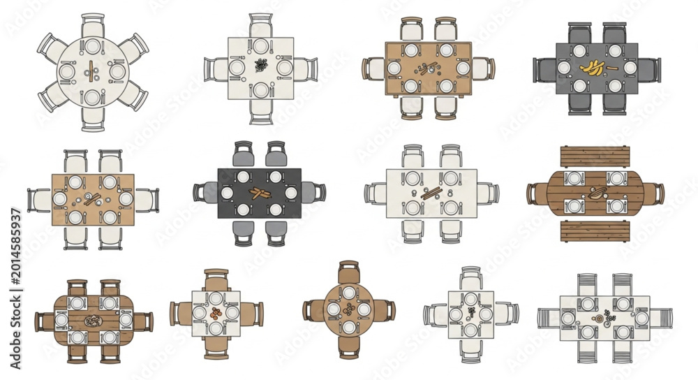 Naklejka premium Collection of Dining Table Arrangements Top View.