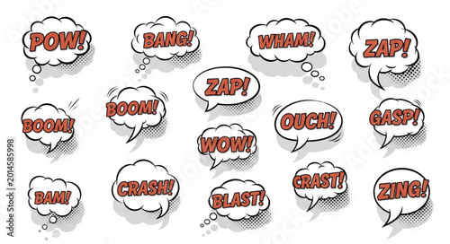 Photos Collection of Comic Book Style Speech Bubbles with Sound Effects.