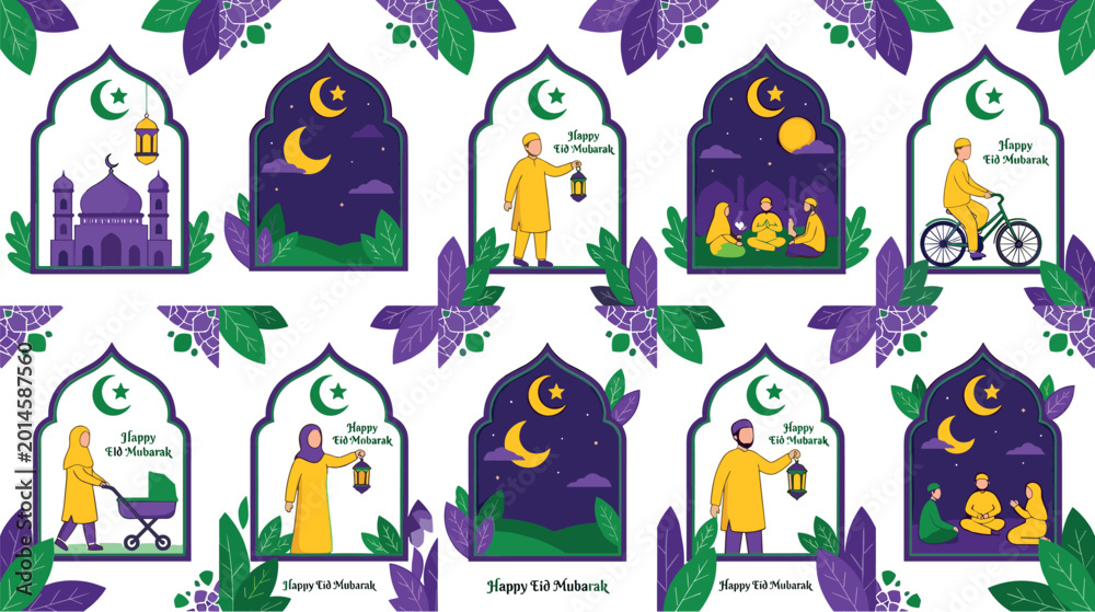 Naklejka premium Eid Mubarak Illustration Set with Muslim Family Prayer Lantern Crescent Moon Charity and Festive Islamic Scenes Vector Illustration