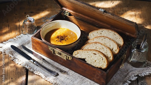 Pumpkin soup with bread in wooden box