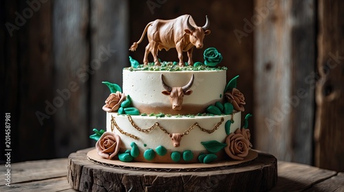 Intricate Taurus Zodiac Birthday Cake with Bull Sculptures and Cream Roses on Rustic Wood