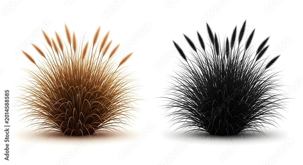 Obraz premium Two stylized grass tufts, one golden and one black, isolated on white background with soft shadows