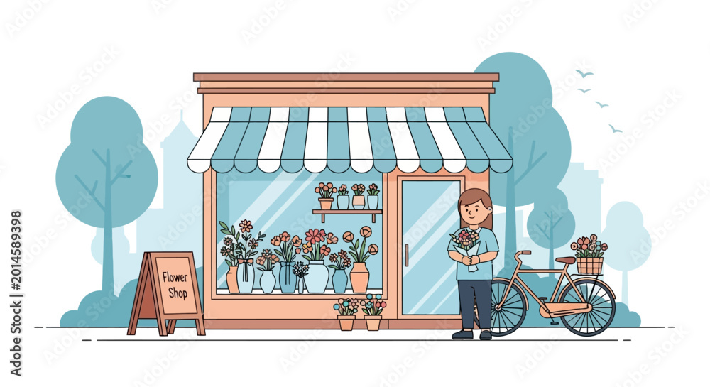 Obraz premium Charming urban flower shop illustration with a happy florist holding a fresh bouquet and a bicycle filled with blossoms, depicting a delightful small business scene on a serene street