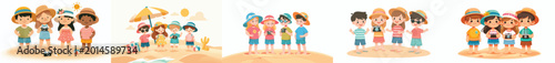 vector of children standing holding a camera on the beach in summer