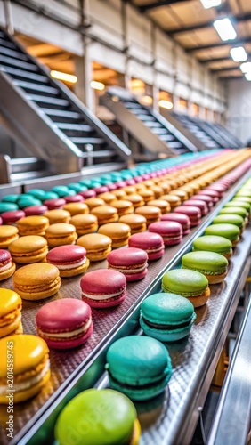 A realistic photo of Confectionery production line with colorful macarons on a conveyor
