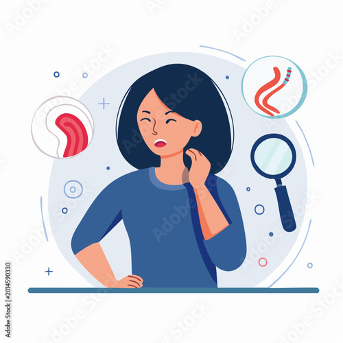 Woman Scratching Itchy Skin with Magnifying Glass and Medical Symbols