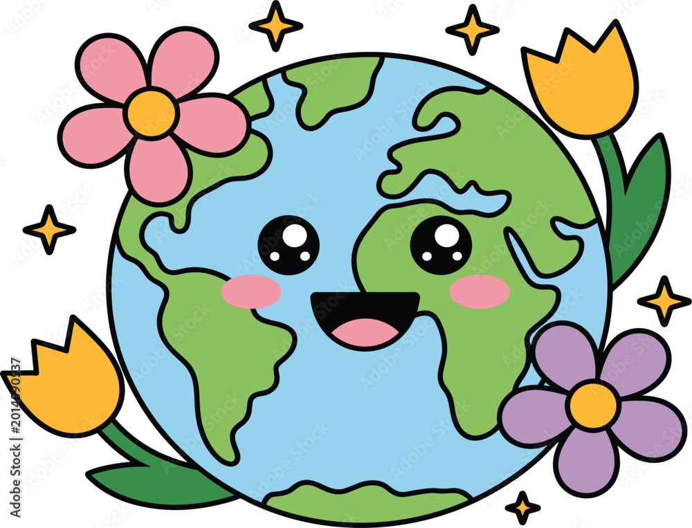 Fototapeta premium Cute kawaii earth character with smiling face, pink flowers, yellow tulips, and stars, happy world environment day vector