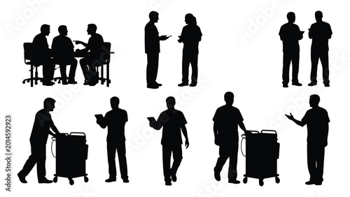 Foto collection of people silhouettes in various poses including medical staff and me