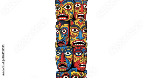 Canvas Print Vibrant Tribal Masks Totem Pole, Indigenous Art, Cultural Heritage