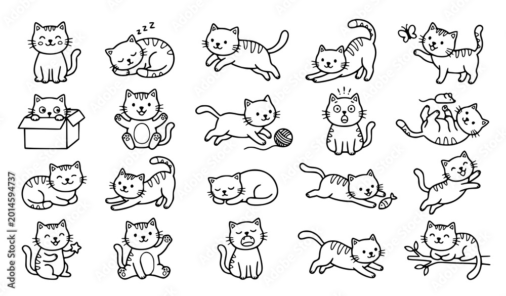 Obraz premium Cute doodle cats vector set with funny kitten poses and emotions