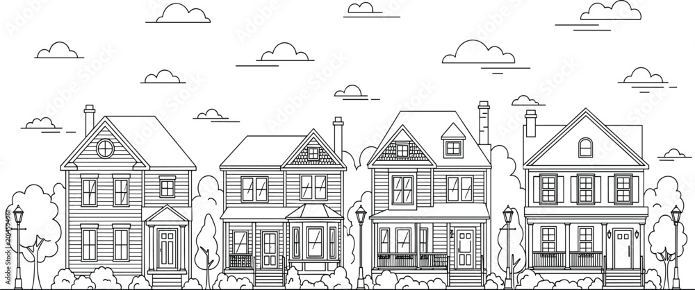 Obraz premium Line art suburban houses, black and white neighborhood illustration