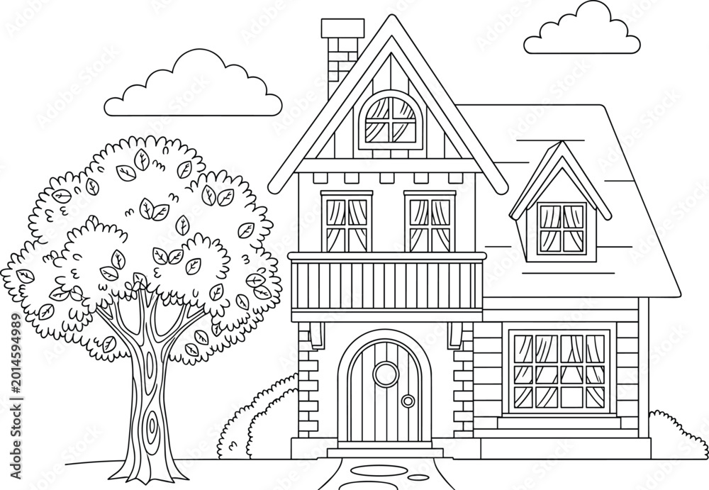 Fototapeta premium Line art house illustration, black and white architectural drawing