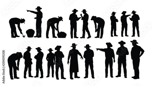Canvas Print Collection of cowboy silhouettes in various poses against a white background sil