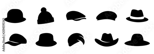 Obraz na plátně Hat icon set, men's and women's headwear symbols including top hats, fedoras, and berets with black silhouette designs