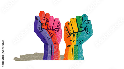 Two raised fists in rainbow colors symbolizing unity