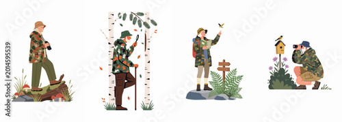 Obraz na płótnie Flat vector illustration of senior people enjoying outdoor nature activities like birdwatching, hiking, and studying plants and wildlife in the forest