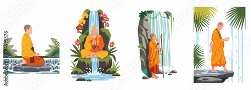 Cuadro en lienzo Collection of illustrations featuring Buddhist monks meditating and walking peacefully in nature near scenic waterfalls, emphasizing spiritual tranquility and mindfulness