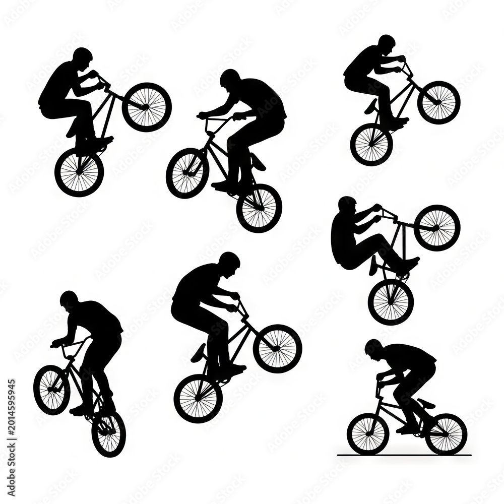 Obraz premium Collection of BMX freestyle rider silhouettes featuring bicycle stunt tricks, jumps, and extreme sports action poses in full black vector style. Perfect for sports branding, posters, apparel, skatepar