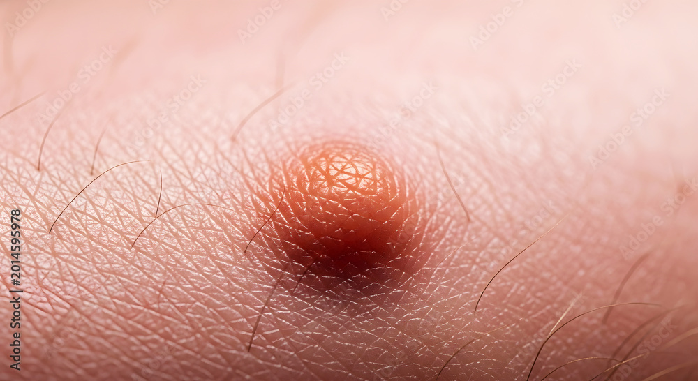 Fototapeta premium Macro view of a raised reddish skin growth with visible pores and fine hairs texture