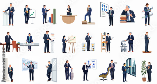 Bild auf Leinwand Large collection of business professionals in formal suits participating in various corporate activities such as presentations, data analysis, and office meetings