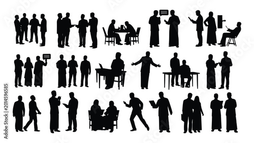 Foto collection of black silhouette figures depicting business people in various meet