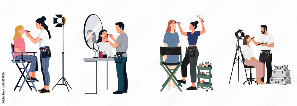 Fototapeta premium Collection of Vector Illustrations Featuring Professional Makeup Artists Applying Cosmetics to Models in Various Studio Environments