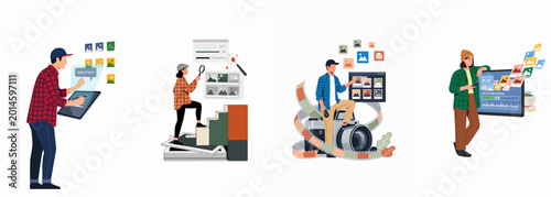 Foto Set of illustrations depicting photographers and editors managing digital workflows, including batch processing, applying presets, and organizing photo galleries