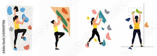 Fotografía Set of flat vector illustrations of a woman rock climbing and bouldering on vari