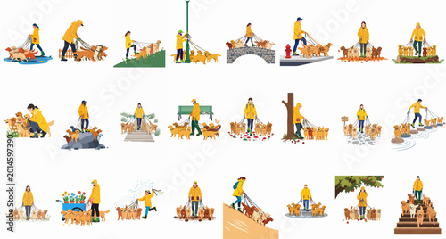 Tableau sur toile Set of flat vector illustrations of professional dog walkers in yellow raincoats walking groups of golden retrievers in different outdoor park and nature settings