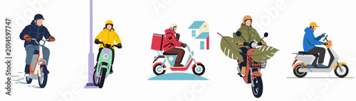 Photography Vector illustration set of diverse people and couriers riding electric scooters and mopeds for delivery, commuting, and personal transport on white background