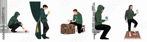 Tableau sur toile Flat vector illustration set of a young man in a green hoodie interacting with various polyhedral d20 dice in fantasy-themed scenarios