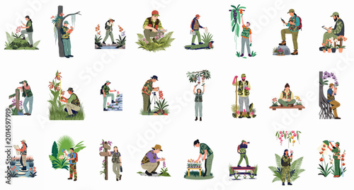 Obraz na płótnie A collection of botanists and researchers observing, documenting, and cultivating various orchid species in natural and greenhouse environments, shown in vector style