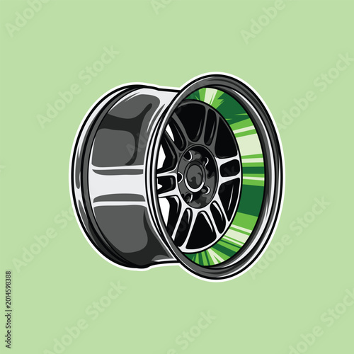 Sport car wheel rim vector illustration with green accent