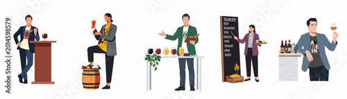 Schilderij op canvas Collection of flat vector illustrations featuring craft beer experts and enthusiasts tasting, presenting, and educating about various beer styles and brewing