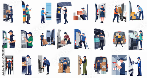 Photos Collection of delivery service personnel illustrations showing couriers loading vans, handling packages, checking schedules, and managing logistics for efficient distribution and shipping