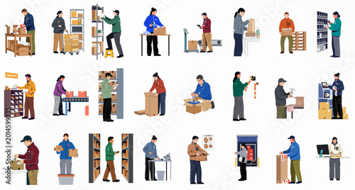 Принти на полотні Diverse set of illustrations depicting various warehouse and fulfillment center workers performing tasks like packing, sorting, scanning, and shipping packages for e-commerce logistics