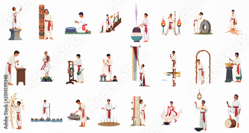 Foto Collection of diverse ritualistic and traditional scenes featuring men in white robes and red sashes performing various spiritual and cultural acts