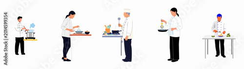 Foto Set of professional chefs in white uniforms performing various culinary tasks like boiling, stirring, straining and plating food in a kitchen