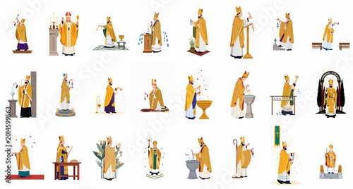 Fotografi Set of flat illustrations depicting a Catholic bishop in traditional golden vestments performing various religious rituals and liturgical ceremonies including blessing, baptizing, and praying