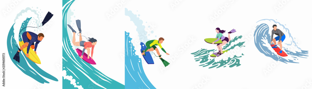 Fototapeta premium Set of vector illustrations showing male and female surfers and bodyboarders riding ocean waves, representing diverse water sports and summer activities.