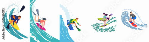 Bild auf Leinwand Set of vector illustrations showing male and female surfers and bodyboarders riding ocean waves, representing diverse water sports and summer activities