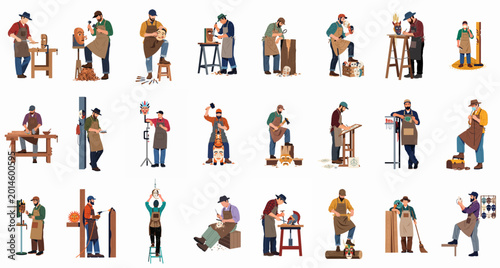 Fotografie Collection of male artisans and woodcarvers creating various masks and sculptures using traditional tools, set of flat vector characters isolated on white background