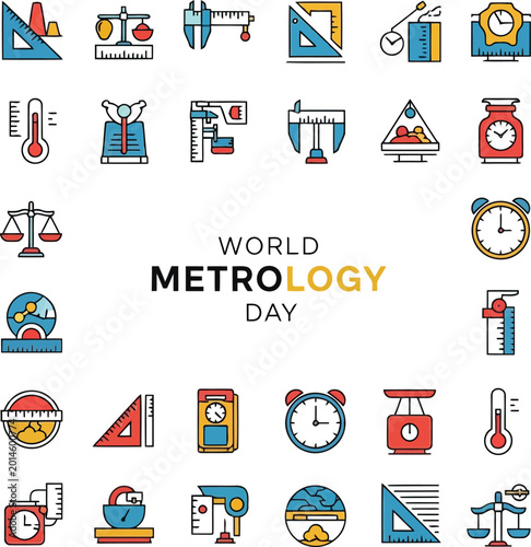 Foto Set of colorful metrology day icons featuring various measurement tools like sca