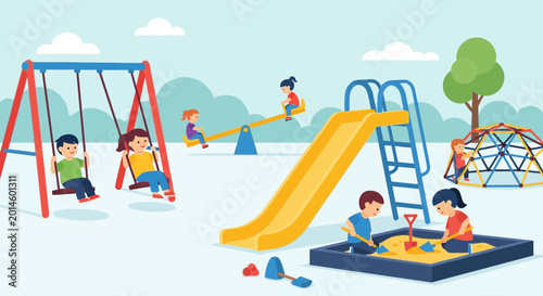 Foto Children Playing on Playground Equipment - Swings, Slide, Sandbox, Seesaw