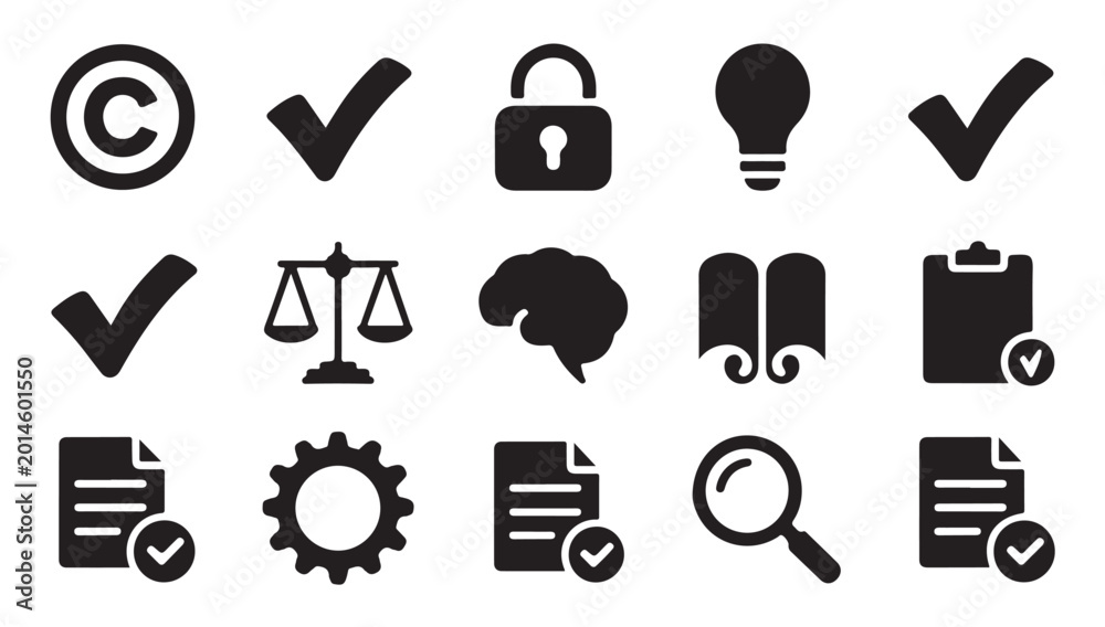 Fototapeta premium Set of intellectual property and business concept icons including copyright security ideas and success.