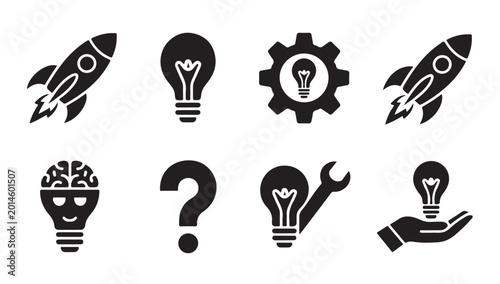 Tableau sur toile Creative idea generation and problem-solving concepts with lightbulbs, rockets, and brain