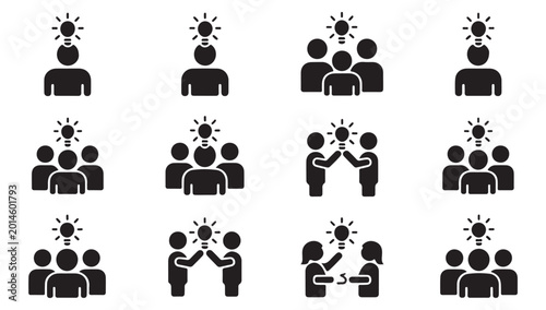 Billede på lærred Business people brain storming and creative collaboration icons set vector silhouette style