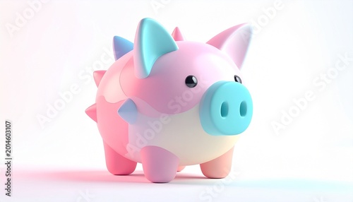 Cute and colorful piggy bank in pastel shades of pink, blue, and yellow, with a playful and whimsical design