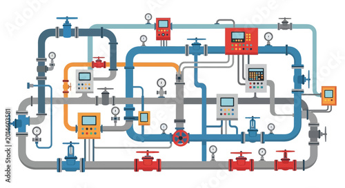 Complex Plumbing System with Valves, Gauges, and Flow Meters.